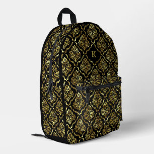 Black And Gold Damask Pattern Monogram Printed Backpack