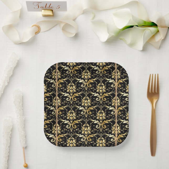 Black and Gold Damask Pattern Paper Plate (Wedding)