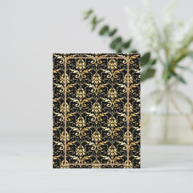 Black and Gold Damask Pattern Postcard (Standing Front)