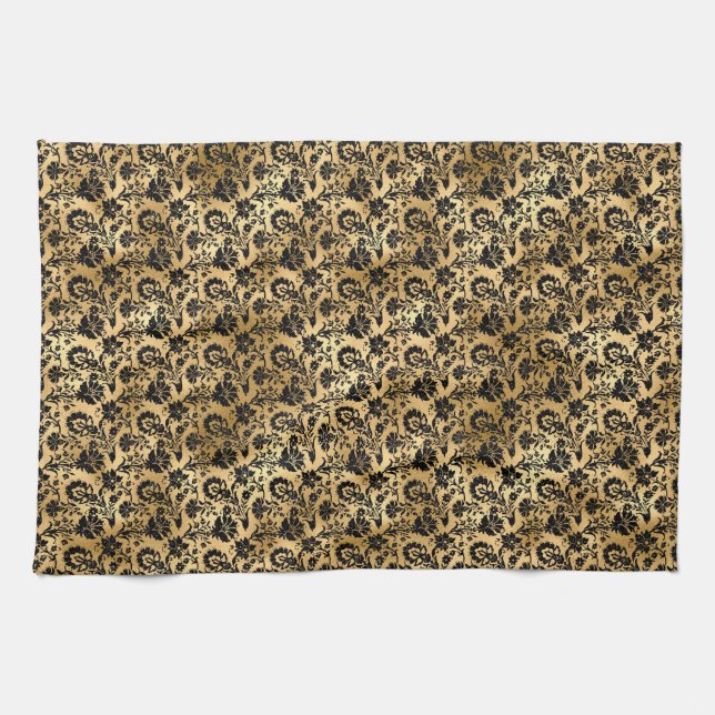 Black and Gold Damask Pattern Tea Towel (Horizontal)