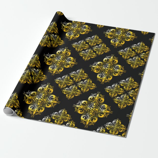 Black and Gold Damask Pattern Wrapping Paper (Unrolled)