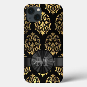 Black and gold damask personalised monogram iPhone 13 case