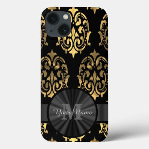 Black and gold damask personalised monogram iPhone 13 case