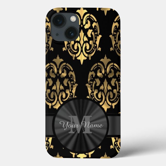 Black and gold damask personalised monogram Case-Mate iPhone case (Back)