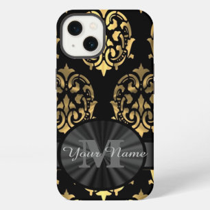 Black and gold damask personalised monogram iPhone 13 case