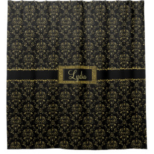 Black and Gold Damask Personalised Shower Curtain