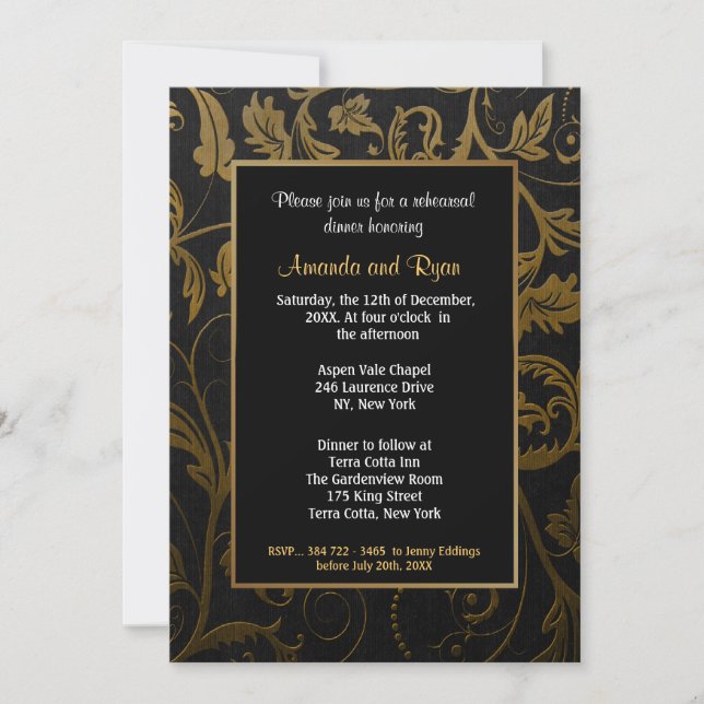 Black and Gold Damask Rehearsal Dinner Invitation (Front)