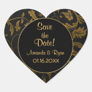 Black and Gold Damask - Save the Date - Customise Heart Sticker