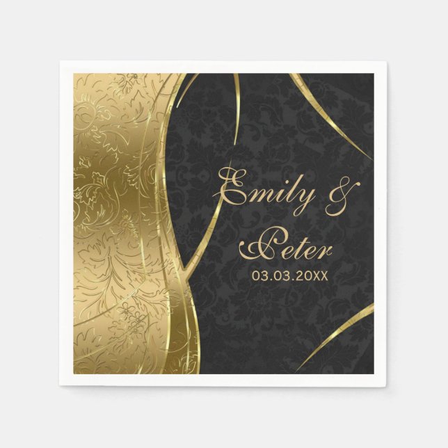 Black And Gold Damask-Save The Date Napkin (Front)