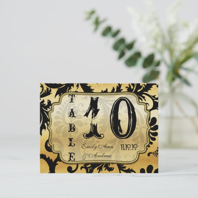 Black and Gold Damask Swirls Table Number Postcard (Standing Front)
