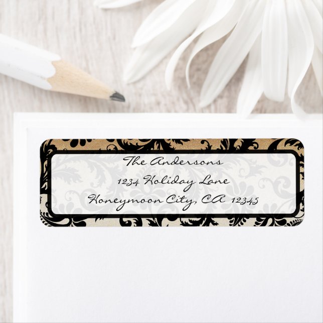 Black and Gold Damask Swirls Wedding Label (Insitu)