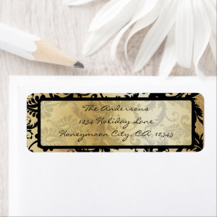 Black and Gold Damask Swirls Wedding Label