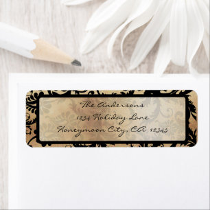Black and Gold Damask Swirls Wedding Label