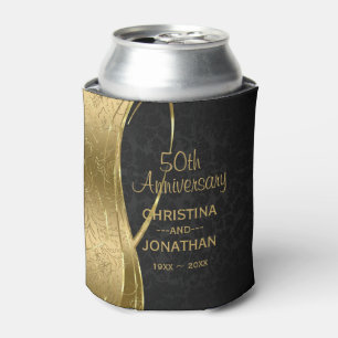 Black And Gold Damask- Wedding Anniversary Can Cooler