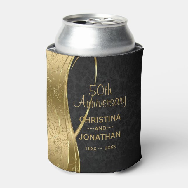 Black And Gold Damask- Wedding Anniversary Can Cooler (Can Front)