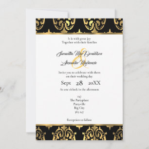 Black and gold damask wedding invitation