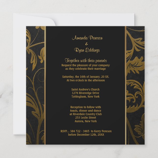 Black and Gold Damask Wedding Invitation - Square (Front)