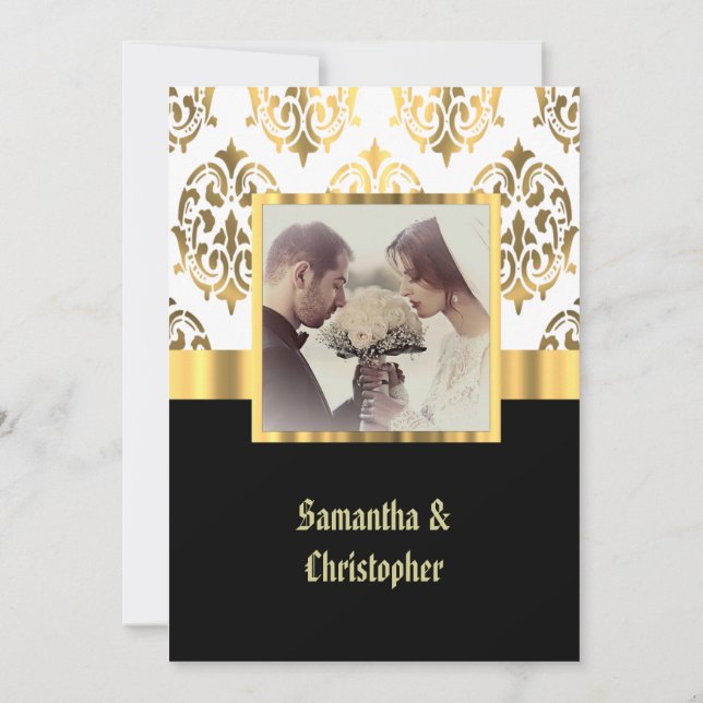 Black and gold damask wedding photo invitation (Back)