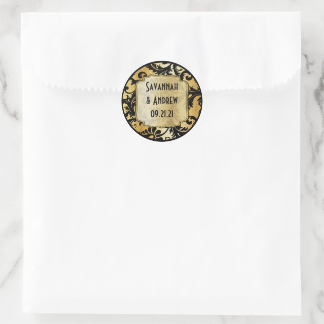 Black and Gold Damask Wedding sticker (Bag)