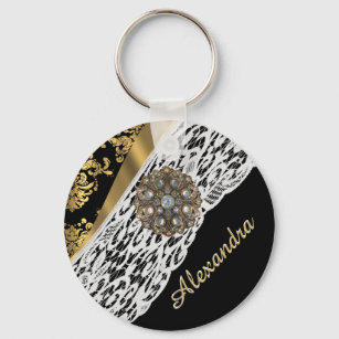 Black and gold damask white lace crystal key ring
