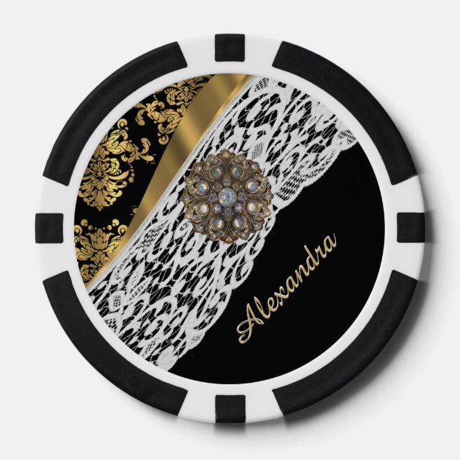 Black and gold damask white lace crystal poker chips (Front)