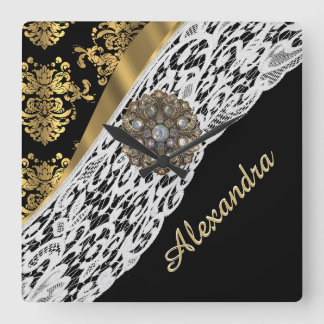Black and gold damask white lace crystal square wall clock