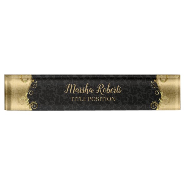 Black And Gold Damask With Swirls Nameplate (Front)