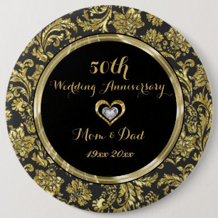 Black And Gold Damasks 50th Wedding Anniversary 2 6 Cm Round Badge