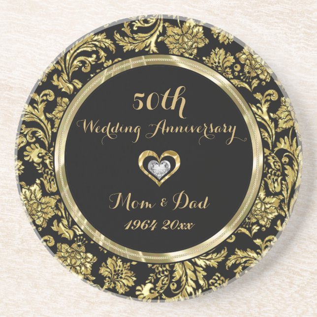 Black And Gold Damasks 50th Wedding Anniversary 2 Coaster (Front)