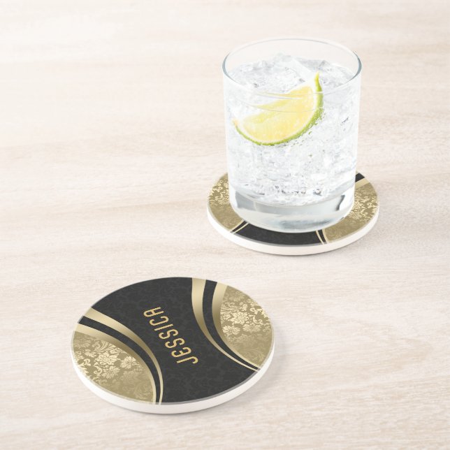 Black and gold damasks geometric shapes monogram coaster (Side)