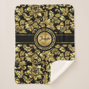 Black And Gold Damasks Monogram Sherpa Blanket