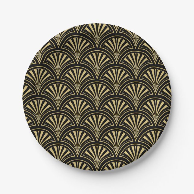 Black and Gold Deco Fan Pattern Paper Plate (Front)