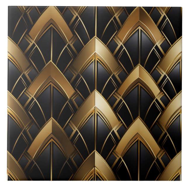 Black and Gold Deco, Zigzags and Lines Tile (Front)