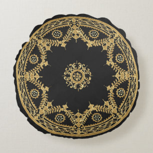 Black and Gold Decorative Design Round Cushion