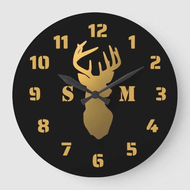 Black And Gold Deer Antlers Cabin 2 Monogram Large Clock (Front)