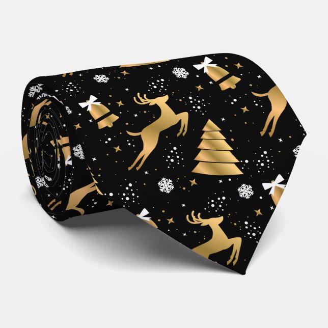 Black and Gold Deer Trees Stars Snowflakes Tie (Rolled)