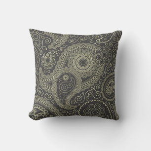 Black and Gold Delicate Ornate Paisley Cushion
