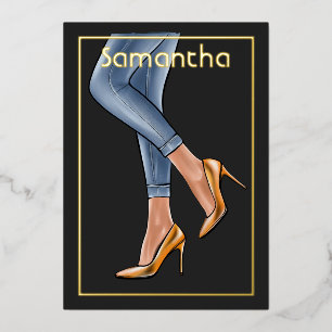 Black and Gold Denim Woman Birthday Party Foil Inv
