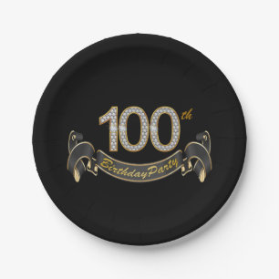 Black and Gold Diamond 100th Birthday Party Paper Plate