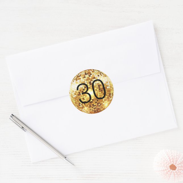 Black and Gold Disco Ball Glam 30th Birthday Party Classic Round Sticker (Envelope)