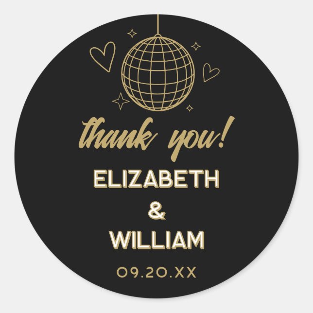 Black And Gold Disco Groovy 70s Wedding Thank You Classic Round Sticker (Front)