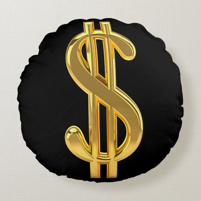 Black and Gold Dollar Sign Round Pillow (Front)
