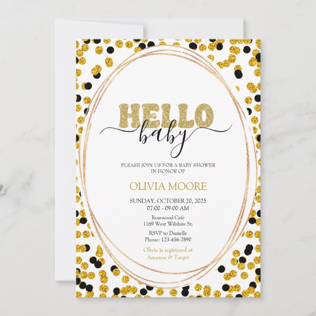  Black and gold dots baby shower invitation (Front)
