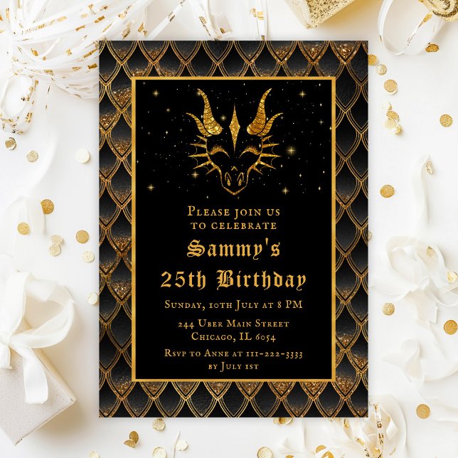 Black and Gold Dragon Scales Faux Glitter Birthday Invitation (Creator Uploaded)