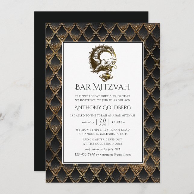 Black and Gold Dragon themed Bar Mitzvah Invitation (Front/Back)