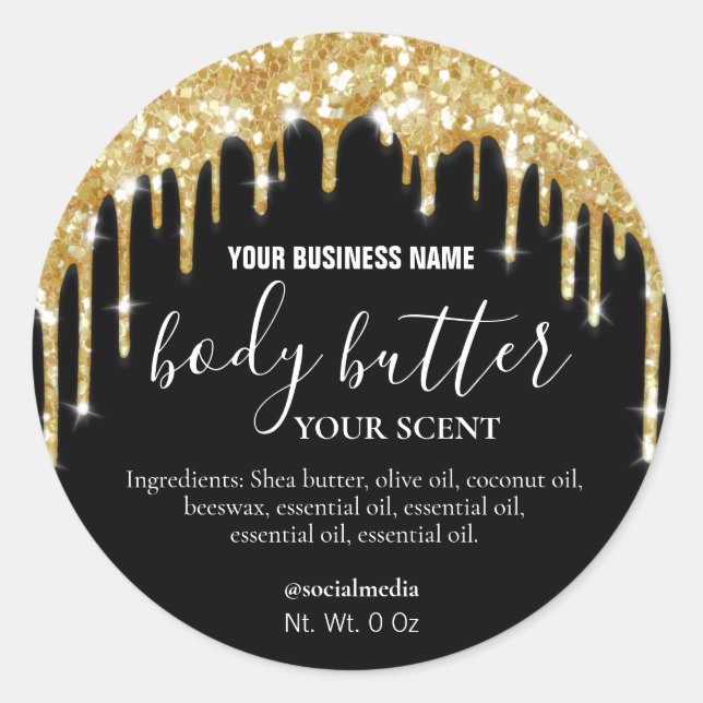 Black And Gold Dripping Glitter Body Butter Labels (Front)