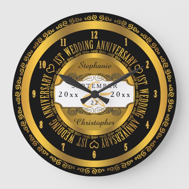 Black and Gold Elegant 1st Wedding Anniversary Large Clock (Front)