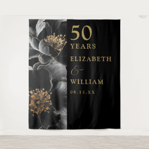 Black And Gold Elegant 50th Anniversary Backdrop Tapestry