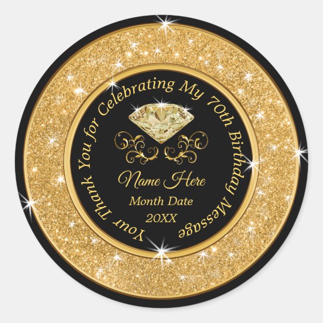Black and Gold Elegant 70th Birthday Stickers (Front)