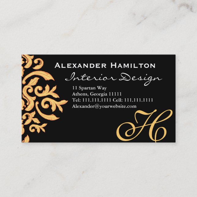 Black and Gold Elegant Baroque Damask for Him Business Card (Front)